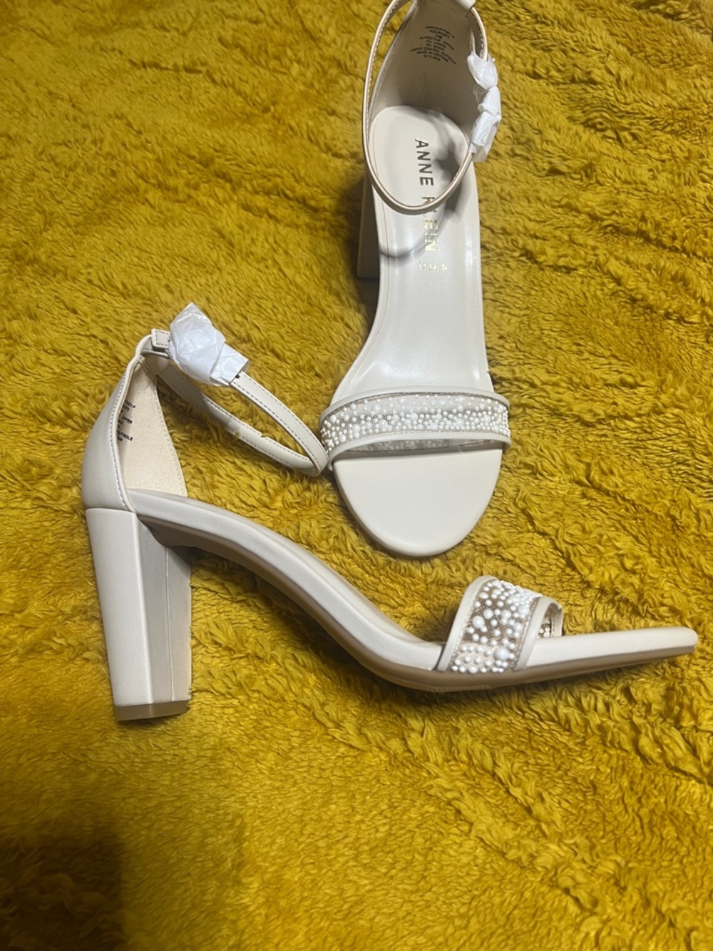 Anne Klein Ivory Beaded Block Heel Sandals